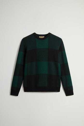 Checked Crewneck Sweater in Pure Merino Virgin Wool Green photo 1 | Woolrich